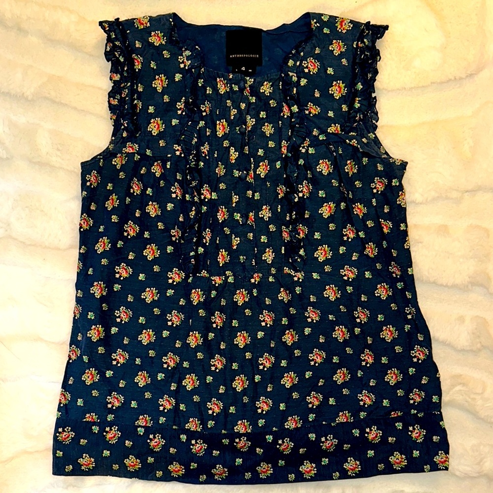 ANTHROPOLOGIE BLUE FLORAL ROSES SLEEVELESS TOP BLOUSE SHIRT COTTON & SILK 4 EUC